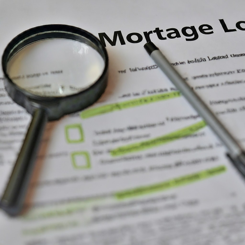 A magnifying glass rests on a document titled "Mortgage Loan" with blurred text underneath. Highlighted sections and checkmarks are visible on the document.